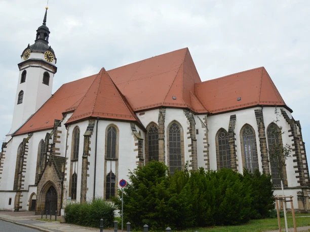 St. Marien Torgau town church with its striking tower and red roofs, surrounded by bushes.