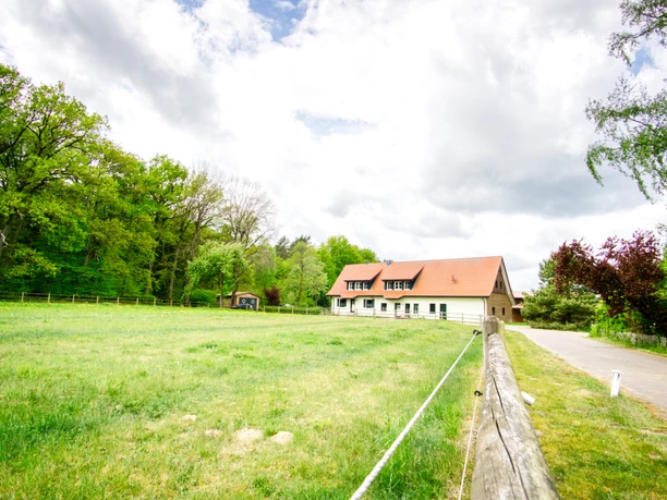 außen-front.jpeg Weißes Ferienhaus mit rotem Dach am Waldrand, davor eine weite grüne Wiese und ein Holzzaun.