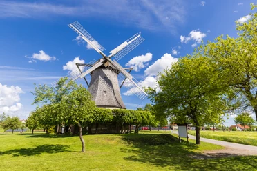 Windmühle Destel Historische Windmühle mit rotierenden Flügeln unter blauem Himmel, umgeben von Bäumen und Wiesen.