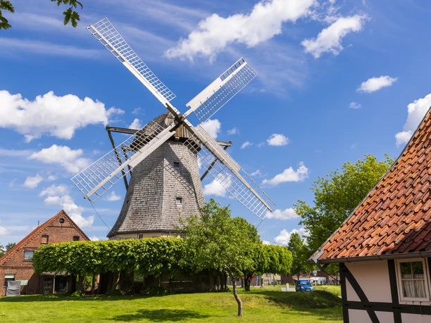 Windmühle Destel Eine historische Windmühle mit großen Flügeln, umgeben von traditionellen Gebäuden und Bäumen.