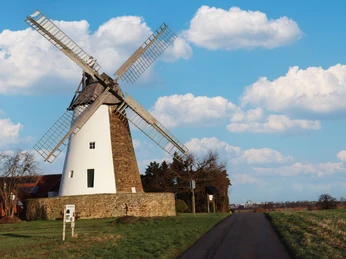 Windmühle Eickhorst in ländlicher Umgebung, blauer Himmel mit weißen Wolken, gepflasterter Weg.