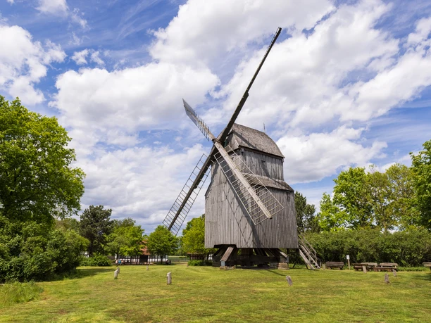Die historische Bockwindmühle Oppenwehe steht an grüner Wiese, umgeben von Bäumen und blauem Himmel.