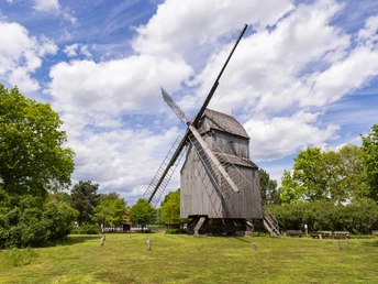 Bockwindmühle Oppenwehe Die historische Bockwindmühle Oppenwehe steht an grüner Wiese, umgeben von Bäumen und blauem Himmel.