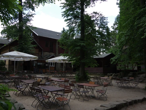 Ein leerer Biergarten mit Holztischen und -stühlen unter großen Bäumen und Sonnenschirmen vor einem rustikalen Gebäude.