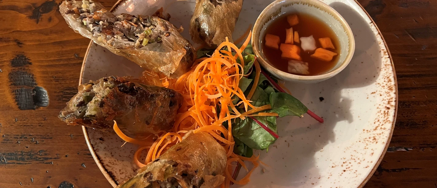 Crispy spring rolls, served with fresh carrot strips and a dip on a rustic wooden table.