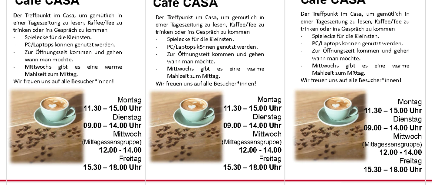 OffenerTreff-CafeCASA.png Das Bild zeigt ein gemütlich eingerichtetes Café mit einem Tisch, auf dem zwei Tassen Kaffee und zwei Croissants serviert sind.