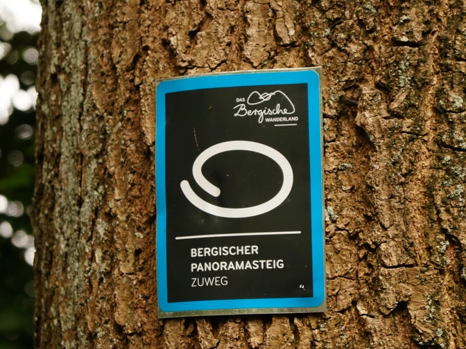 Zuweg Bergischer Panoramasteig <p>Ein Wegweiser für den Bergischen Panoramasteig ist an einem Baumstamm befestigt.</p>