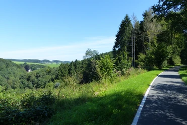 Bahntrasse Sülztalbahn©Lindlar Touristik.JPG Weg führt durch bewaldetes Gebiet mit weitem Blick auf bewachsene Hügel unter strahlend blauem Himmel.