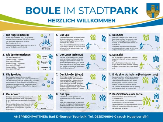 Schild Boule im Stadtpark Bad Driburg Anleitung zum Boule-Spiel im Stadtpark Bad Driburg.