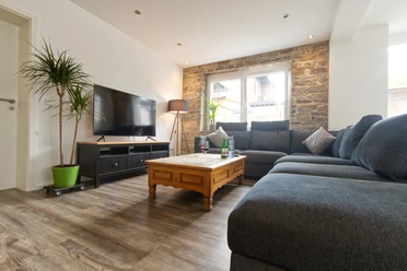 Ferienwohnung Wiehl Wohnzimmer.jpg Gemütliches Wohnzimmer mit grauem Ecksofa, Holztisch, Pflanzen und Wandfernseher vor Steinwand.