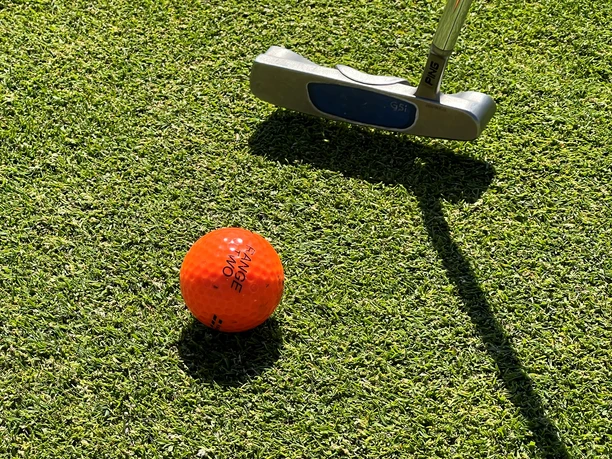 An orange golf ball lies on the manicured lawn, next to it a putter, ready for the next shot.