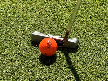 Golfball Ein leuchtend orangefarbener Golfball liegt auf einem gepflegten Rasen, bereit für den nächsten Schlag.A bright orange golf ball lies on a manicured lawn, ready for the next shot.En lysende orange golfbold ligger på en velplejet græsplæne, klar til næste slag.Een feloranje golfbal ligt op een gemanicuurd gazon, klaar voor de volgende slag.