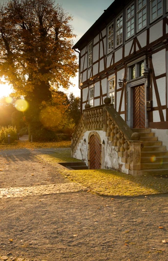 Sonnenaufgang am Mallinckrodthof.jpg Ein Sonnenaufgang taucht die historische Fachwerkfassade des Mallinckrodthofs in warmes Licht.