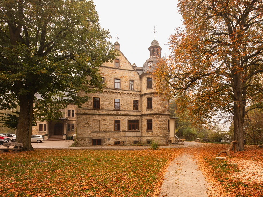 Schloss Hamborn.jpg Schloss Hamborn im herbstlichen Licht, umgeben von leuchtenden Blättern und altem Baumbestand.