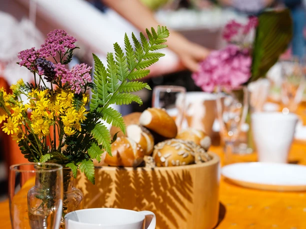 Ein langer Tisch mit Blumen, Brötchen und Geschirr, bei Sonnenlicht für ein gemeinschaftliches Frühstück.