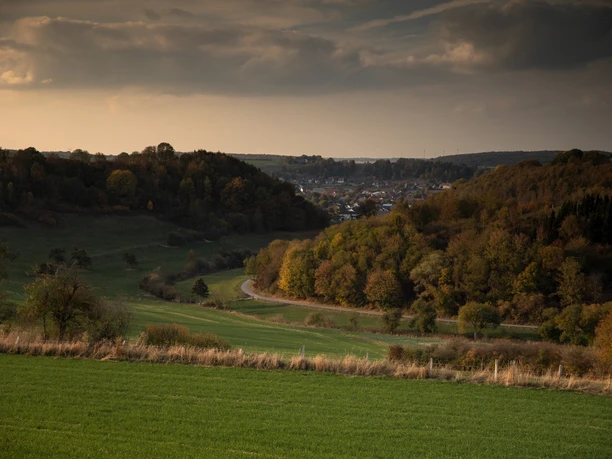 Ein Blick auf Etteln Grüne hügelige Landschaft mit Wäldern; am Horizont ein Dorf und sanfte Schatten der Abenddämmerung.
