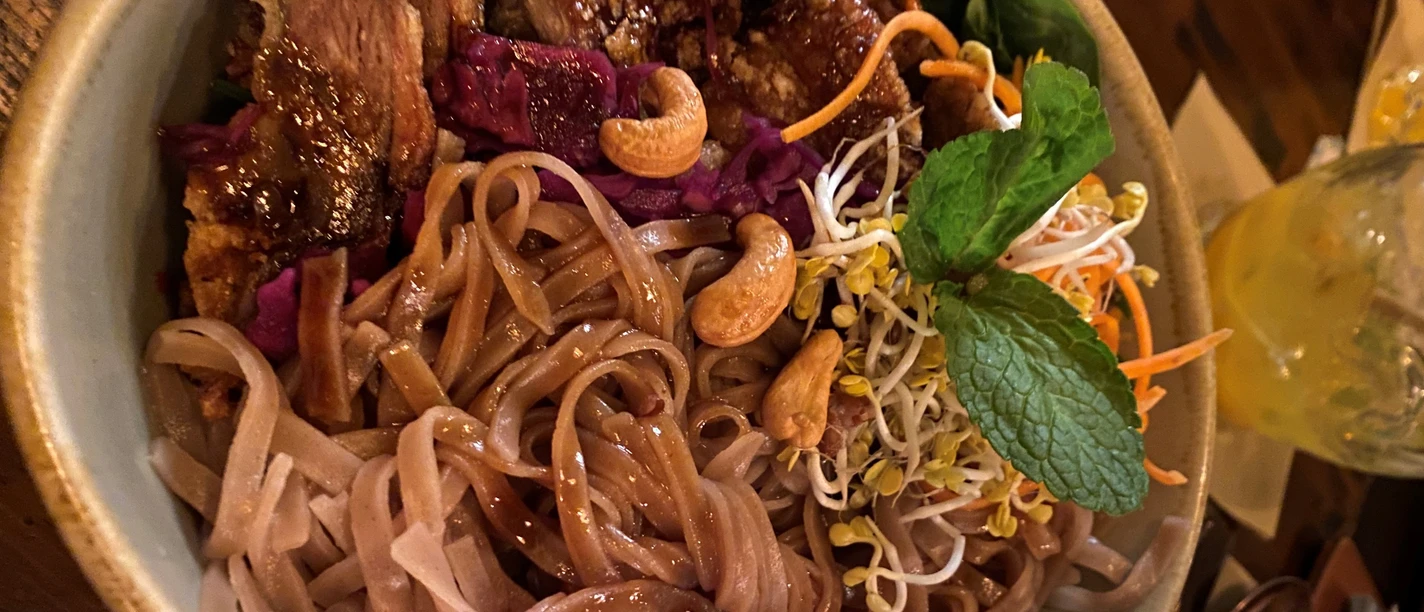 Bowl with crispy duck, rice noodles, sprouts, cashews and fresh herbs, appetizingly presented.