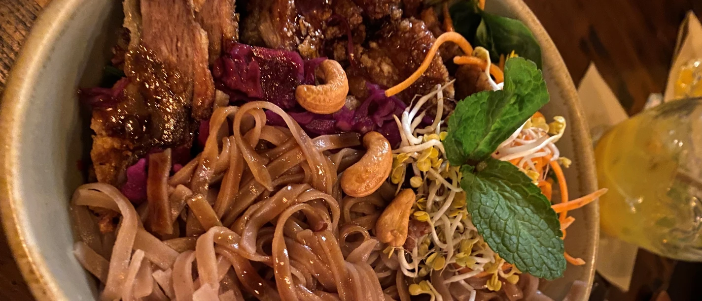 Bowl mit Ente Bowl mit knuspriger Ente, Reisnudeln, Sprossen, Cashews und frischen Kräutern, appetitlich angerichtet.