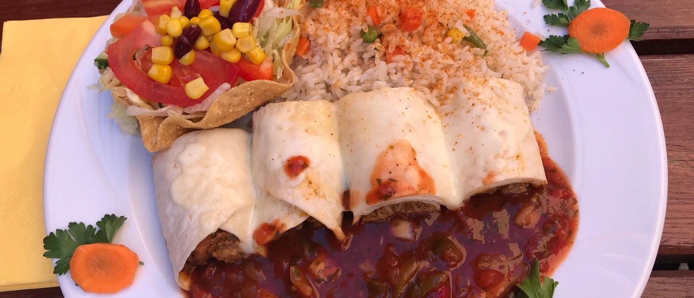 A plate of tortilla rolls filled with vegetables, served with rice salad and spicy tomato sauce.