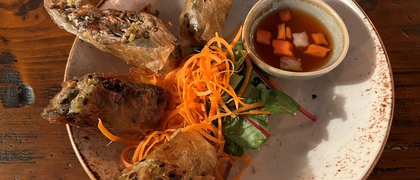 asiatisches Gericht Frühlingsrollen mit einer goldbraunen Kruste, serviert mit frischem Salat und Würzsauce.