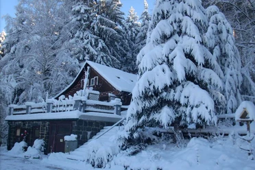 A snow-covered hut in the forest, surrounded by snow-covered fir trees and a clear blue sky, conveys a peaceful winter atmosphere.