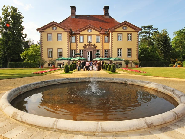 Schloss Schieder Renaissance-Schloss mit Springbrunnen im Vordergrund, umgeben von gepflegten Gartenanlagen.