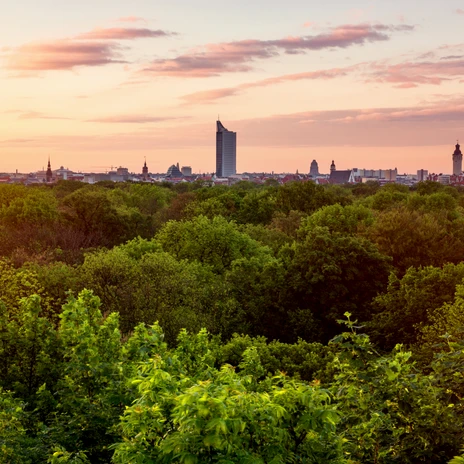 Pohled shora na Rosental a panoráma Lipska, výhled, Zelené Lipsko
