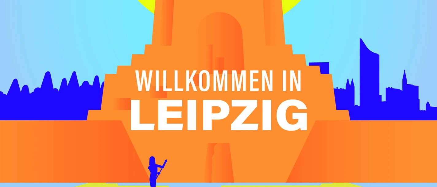 "Willkommen in Leipzig" - Podcast-Logo Logo des Podcasts "Willkommen in Leipzig" mit Illustration des Völkerschlachtdenkmals und eines Sees