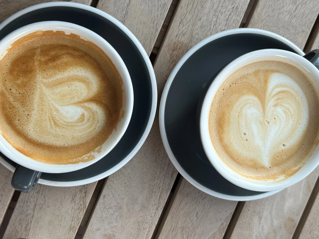 Zwei Kaffeetassen mit Latte Art in Herzform stehen auf grauen Tellern auf einem Holztisch.Two coffee cups with heart-shaped latte art stand on gray plates on a wooden table.To kaffekopper med hjerteformet latte art står på grå tallerkener på et træbord.Twee koffiekopjes met hartvormige latte-art staan op grijze borden op een houten tafel.