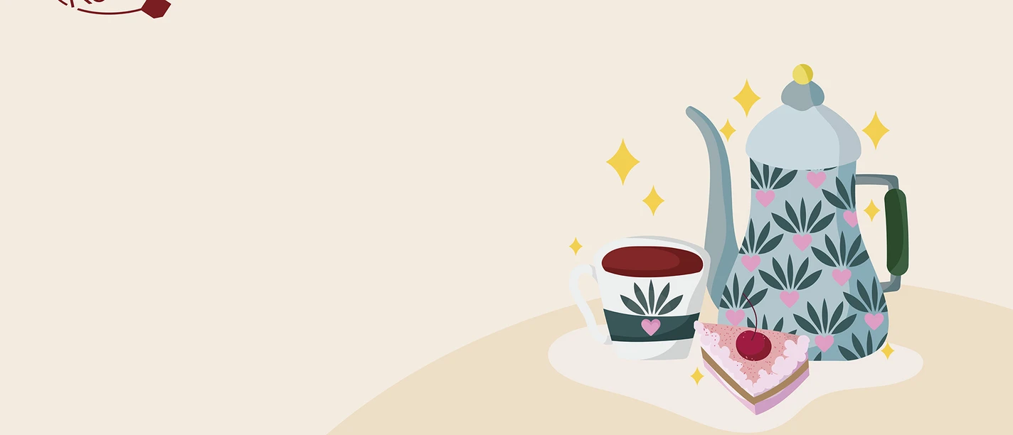 Grafik mit Kaffeekanne, Kaffetasse, Kuchen
