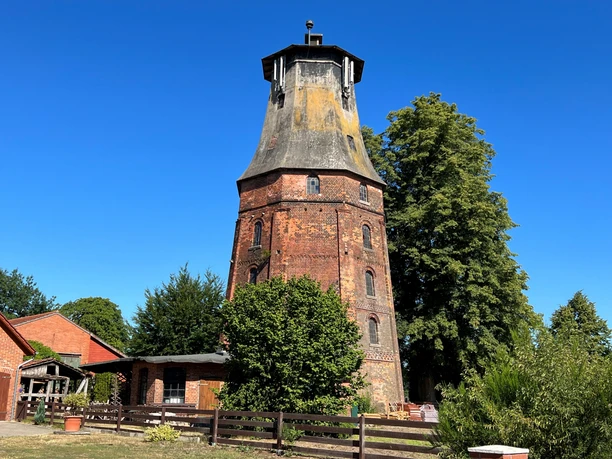 Mühle Hassel Historische Ziegelwindmühle mit konischer Kappe, umgeben von Bäumen und Zaun bei klarem Himmel.