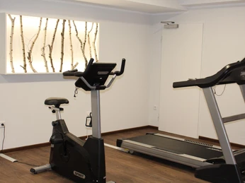 Fitnessraum mit Fahrrad-Ergometer und Laufband auf Holzboden, weiße Wände, Birkenstamm-Dekoration.