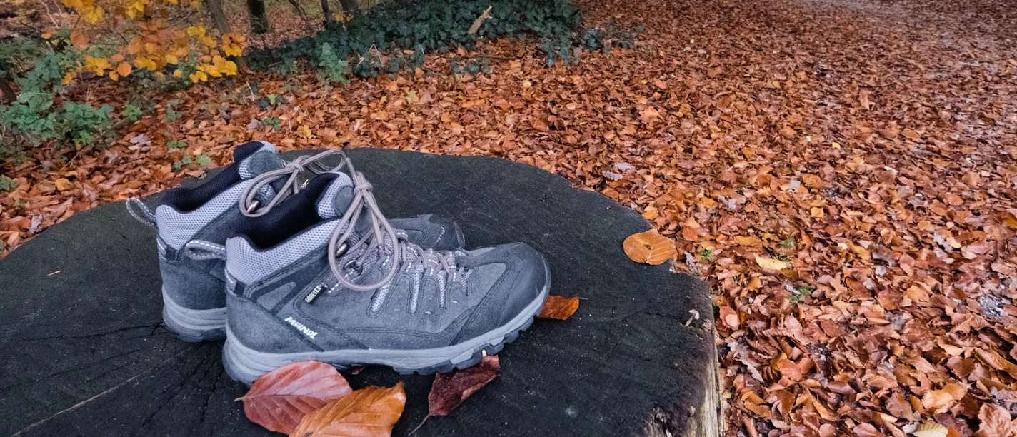 Wanderschuhe stehen auf einem Baumstumpf, umgeben von herbstlichen Blättern im Teutoburger Wald.