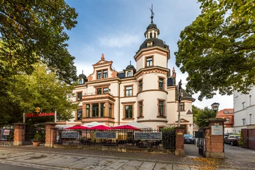 View of the Muckenschlösschen restaurant in the Waldstraßenviertel which is a place of the music wheel, gastronomy in Leipzig, Wilhelminian style architecture