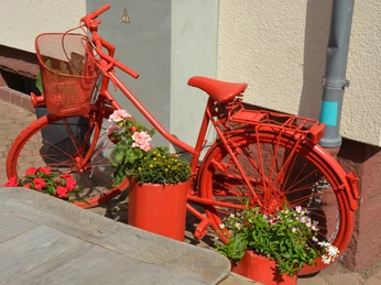 Ein rot lackiertes Fahrrad, dekoriert mit bunten Blumentöpfen, lehnt an einer Hauswand.