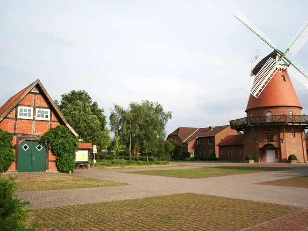 Landesbergen Hochzeitsmühle Rote Backsteinmühle mit weißen Flügeln neben grünem Fachwerkhaus, umgeben von Bäumen und Weg.
