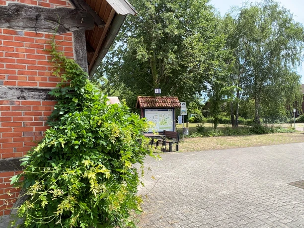 A brick house covered in ivy, next to benches and an information sign on a paved plaza.