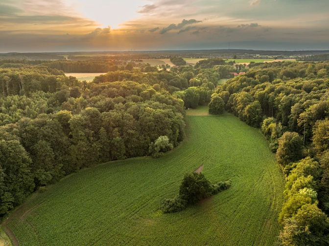 Blick auf das Nettetal Wald und Felder im Sonnenuntergang, mit sanftem Licht am Horizont.Forest and fields at sunset, with soft light on the horizon.Skov og marker ved solnedgang med blødt lys i horisonten.Bos en velden bij zonsondergang, met zacht licht aan de horizon.