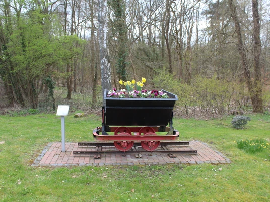 Eine historische Lore auf Gleisen, die mit bunten Frühlingsblumen bepflanzt ist, steht im Grünen.