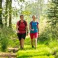 Wandern Heckberg Zwei wandernde Frauen in sommerlicher Kleidung auf einem Waldweg bei Sonnenlicht umgeben von grüner Natur.