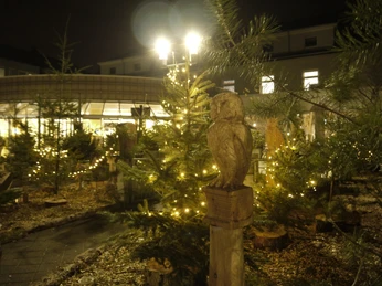 Weihnachtsmarkt-in-Heiligenhaus-Eulenskulptur.JPG Eine Holzskulptur einer Eule steht zwischen beleuchteten Tannenbäumen auf einem Weihnachtsmarkt bei Nacht.