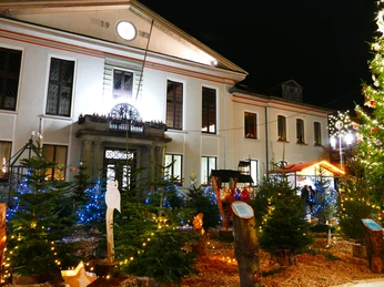 Das-Rathaus-Heiligenhaus-hinter-dem-Weihnachtsmarkt Rathaus Heiligenhaus erhellt, umgeben von stimmungsvoll beleuchteten Weihnachtsbäumen und Marktständen.