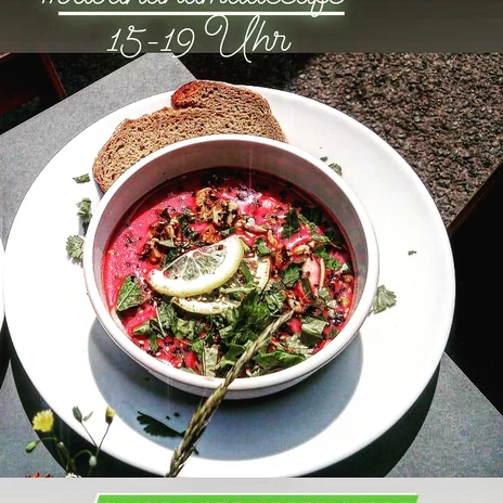 A beautifully arranged beet soup on the table, breakfast, Gastros in Leipzig
