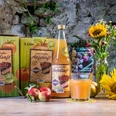Saft aus der Süßmosterei Dalbeck in Heiligenhaus Zwei Apfelsaftkartons, eine Saftflasche und ein gefülltes Glas auf Holztisch vor Natursteinwand.