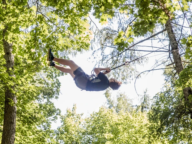 Waldkletterpark Velbert-Langenberg Eine Person schwingt fröhlich an einem Seil zwischen den grünen Baumkronen im Waldkletterpark.