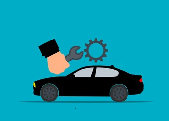 Autowerkstatt Grafische Darstellung eines schwarzen Autos mit Werkzeug und Zahnrad, Symbol für Fahrzeugservice.