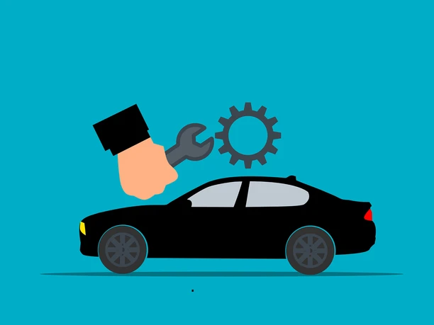 Autowerkstatt Grafische Darstellung eines schwarzen Autos mit Werkzeug und Zahnrad, Symbol für Fahrzeugservice.