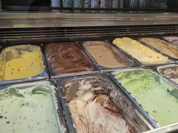 Verschiedene Eissorten in metallenen Behältern, darunter Schokolade, Vanille und Minze, präsentiert in einer Vitrine.