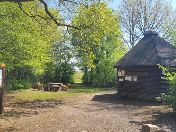 Runder Holzturm mit Rastplatz, umgeben von Bäumen, Picknicktisch und Infotafel am Waldrand.