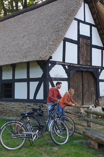 Museumshof Rahden Fachwerkhaus mit Strohdach, umgeben von Schafen, Bäumen und zwei Fahrrädern auf einer Wiese.
